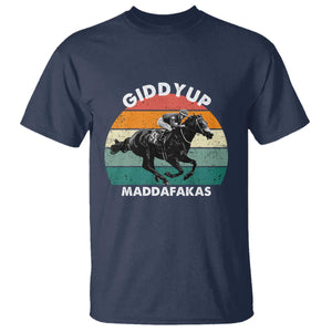 Giddy Up Madafakas Retro Sunset Horse Racing T Shirt Funny Sarcastic Equestrian Jockey Vintage 70s TS02 Navy Print Your Wear