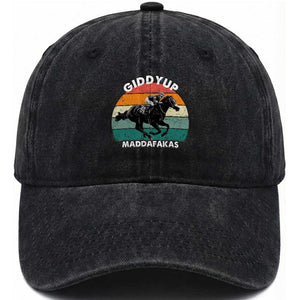 Giddy Up Madafakas Retro Sunset Horse Racing Washed Cotton Baseball Cap Funny Sarcastic Equestrian Jockey Vintage 70s TS02 Print Your Wear
