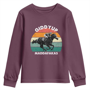 Giddy Up Madafakas Retro Sunset Horse Racing Youth Sweatshirt Funny Sarcastic Equestrian Jockey Vintage 70s TS02 Maroon Print Your Wear