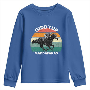 Giddy Up Madafakas Retro Sunset Horse Racing Youth Sweatshirt Funny Sarcastic Equestrian Jockey Vintage 70s TS02 Royal Blue Print Your Wear