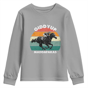 Giddy Up Madafakas Retro Sunset Horse Racing Youth Sweatshirt Funny Sarcastic Equestrian Jockey Vintage 70s TS02 Sport Gray Print Your Wear