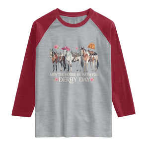 May The Horse Be With You Derby Day 2026 Raglan Shirt Funny Horse Racing Triple Horse Equestrian Graphic TS02 Heather Gray Heather Red Print Your Wear