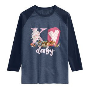 Retro Floral KY Horse Racing Graphic Raglan Shirt Pink Gingham Southern Belle Derby Day Aesthetic TS02 Heather Denim Navy Print Your Wear