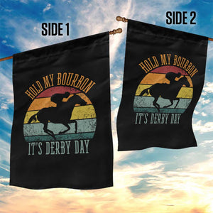 Hold My Bourbon It’s Derby Day Vintage Sunset Garden Flag Funny Horse Racing Enthusiast Retro Graphic TS02 Print Your Wear