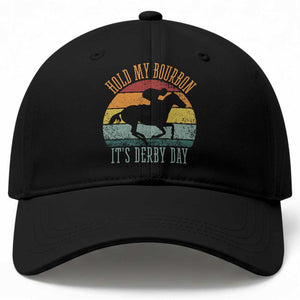 Hold My Bourbon It’s Derby Day Vintage Sunset Baseball Cap Funny Horse Racing Enthusiast Retro Graphic TS02 Print Your Wear