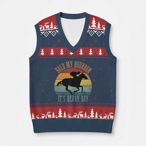 Hold My Bourbon It’s Derby Day Vintage Sunset V-Neck Knit Sweater Vest Funny Horse Racing Enthusiast Retro Graphic TS02 Navy Red Print Your Wear