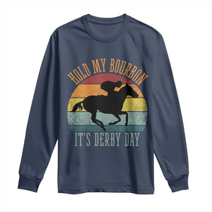 Hold My Bourbon It’s Derby Day Vintage Sunset Long Sleeve Shirt Funny Horse Racing Enthusiast Retro Graphic TS02 Navy Print Your Wear