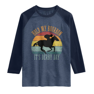 Hold My Bourbon It’s Derby Day Vintage Sunset Raglan Shirt Funny Horse Racing Enthusiast Retro Graphic TS02 Heather Denim Navy Print Your Wear