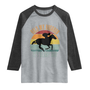Hold My Bourbon It’s Derby Day Vintage Sunset Raglan Shirt Funny Horse Racing Enthusiast Retro Graphic TS02 Heather Gray Heather Charcoal Print Your Wear