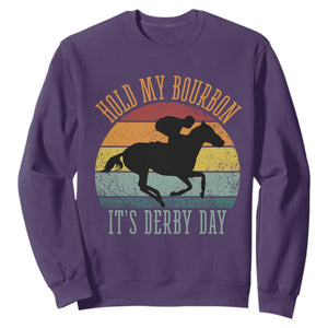 Hold My Bourbon It’s Derby Day Vintage Sunset Sweatshirt Funny Horse Racing Enthusiast Retro Graphic TS02 Purple Print Your Wear