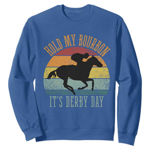 Hold My Bourbon It’s Derby Day Vintage Sunset Sweatshirt Funny Horse Racing Enthusiast Retro Graphic TS02 Royal Blue Print Your Wear