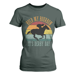 Hold My Bourbon It’s Derby Day Vintage Sunset T Shirt For Women Funny Horse Racing Enthusiast Retro Graphic TS02 Dark Forest Green Print Your Wear