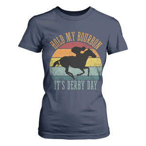 Hold My Bourbon It’s Derby Day Vintage Sunset T Shirt For Women Funny Horse Racing Enthusiast Retro Graphic TS02 Navy Print Your Wear