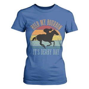 Hold My Bourbon It’s Derby Day Vintage Sunset T Shirt For Women Funny Horse Racing Enthusiast Retro Graphic TS02 Royal Blue Print Your Wear