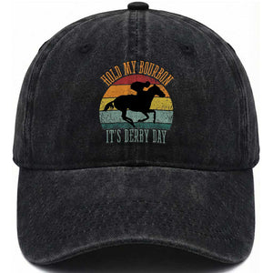 Hold My Bourbon It’s Derby Day Vintage Sunset Washed Cotton Baseball Cap Funny Horse Racing Enthusiast Retro Graphic TS02 Print Your Wear