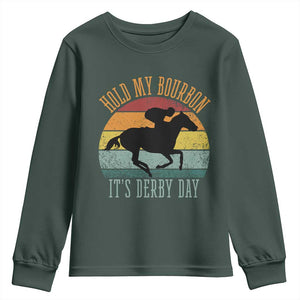 Hold My Bourbon It’s Derby Day Vintage Sunset Youth Sweatshirt Funny Horse Racing Enthusiast Retro Graphic TS02 Dark Forest Green Print Your Wear