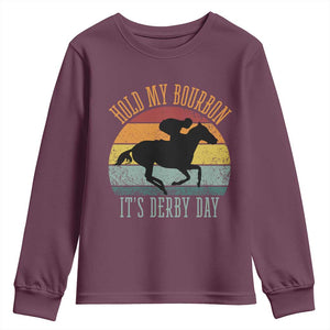 Hold My Bourbon It’s Derby Day Vintage Sunset Youth Sweatshirt Funny Horse Racing Enthusiast Retro Graphic TS02 Maroon Print Your Wear