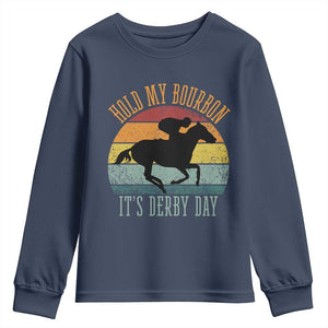 Hold My Bourbon It’s Derby Day Vintage Sunset Youth Sweatshirt Funny Horse Racing Enthusiast Retro Graphic TS02 Navy Print Your Wear