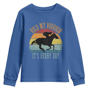 Hold My Bourbon It’s Derby Day Vintage Sunset Youth Sweatshirt Funny Horse Racing Enthusiast Retro Graphic TS02 Royal Blue Print Your Wear