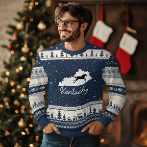 Kentucky State Map with Racing Horse Ugly Christmas Sweater Bluegrass State Pride Equestrian TS02 Navy Beige Print Your Wear
