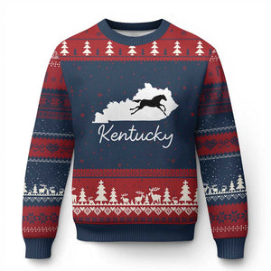 Kentucky State Map with Racing Horse Ugly Christmas Sweater Bluegrass State Pride Equestrian TS02 Navy Red Print Your Wear