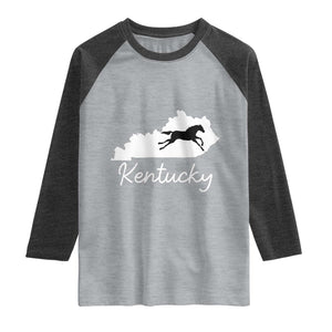 Kentucky State Map with Racing Horse Raglan Shirt Bluegrass State Pride Equestrian TS02 Heather Gray Heather Charcoal Print Your Wear
