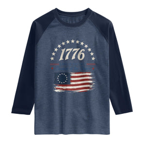 1776 Land of the Free Distressed Arch Graphic Raglan Shirt Vintage Betsy Ross American Flag Stars Retro Patriotic TS02 Heather Denim Navy Print Your Wear