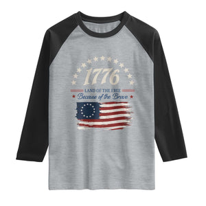 1776 Land of the Free Distressed Arch Graphic Raglan Shirt Vintage Betsy Ross American Flag Stars Retro Patriotic TS02 Heather Gray Black Print Your Wear