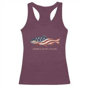 America 250th Anniversary Patriotic Fish Graphic Racerback Tank Top American Flag Salmon Trout Fishing 1776 to 2026 Semiquincentennial TS02 Maroon Print Your Wear