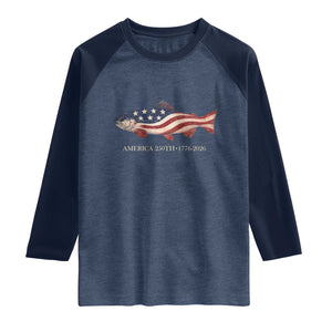 America 250th Anniversary Patriotic Fish Graphic Raglan Shirt American Flag Salmon Trout Fishing 1776 to 2026 Semiquincentennial TS02 Heather Denim Navy Print Your Wear