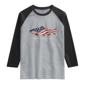 America 250th Anniversary Patriotic Fish Graphic Raglan Shirt American Flag Salmon Trout Fishing 1776 to 2026 Semiquincentennial TS02 Heather Gray Black Print Your Wear