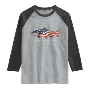 America 250th Anniversary Patriotic Fish Graphic Raglan Shirt American Flag Salmon Trout Fishing 1776 to 2026 Semiquincentennial TS02 Heather Gray Heather Charcoal Print Your Wear