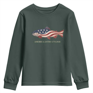 America 250th Anniversary Patriotic Fish Graphic Youth Sweatshirt American Flag Salmon Trout Fishing 1776 to 2026 Semiquincentennial TS02 Dark Forest Green Print Your Wear