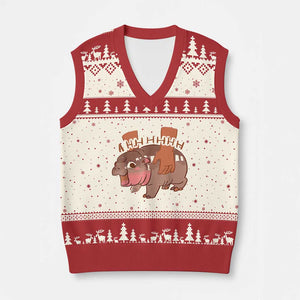 Baby Hippo Moo Deng V-Neck Knit Sweater Vest Bouncy Pig in Thai Picture The Cute Pygmy Hippopotamus TS02 Beige Red Print Your Wear