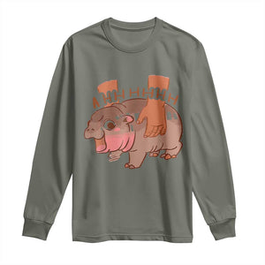Baby Hippo Moo Deng Long Sleeve Shirt Bouncy Pig in Thai Picture The Cute Pygmy Hippopotamus TS02 Military Green Print Your Wear