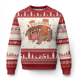 Baby Hippo Moo Deng Ugly Christmas Sweater Bouncy Pig in Thai Picture The Cute Pygmy Hippopotamus TS02 Red Print Your Wear