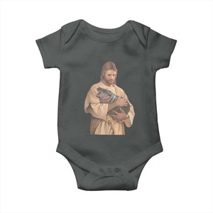 Jesus Loves Moo Deng Baby Onesie Bouncy Pig Cute Pygmy Hippo Meme TS02 Dark Heather Print Your Wear
