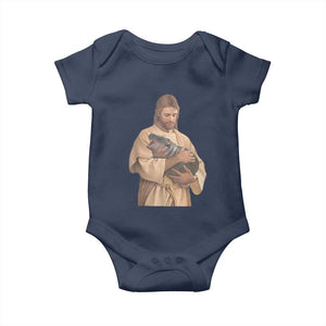 Jesus Loves Moo Deng Baby Onesie Bouncy Pig Cute Pygmy Hippo Meme TS02 Navy Print Your Wear