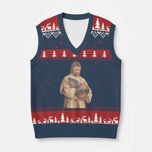 Jesus Loves Moo Deng V-Neck Knit Sweater Vest Bouncy Pig Cute Pygmy Hippo Meme TS02 Navy Red Print Your Wear