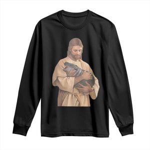 Jesus Loves Moo Deng Long Sleeve Shirt Bouncy Pig Cute Pygmy Hippo Meme TS02 Black Print Your Wear