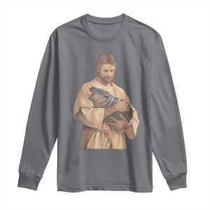 Jesus Loves Moo Deng Long Sleeve Shirt Bouncy Pig Cute Pygmy Hippo Meme TS02 Charcoal Print Your Wear