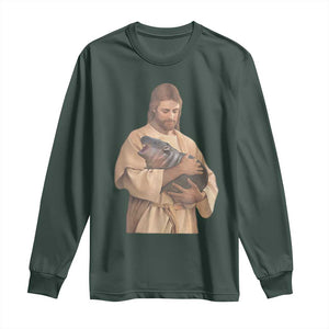 Jesus Loves Moo Deng Long Sleeve Shirt Bouncy Pig Cute Pygmy Hippo Meme TS02 Dark Forest Green Print Your Wear
