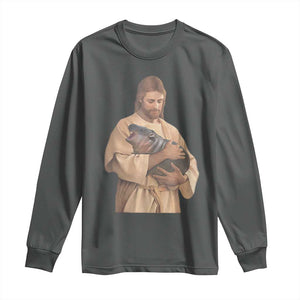 Jesus Loves Moo Deng Long Sleeve Shirt Bouncy Pig Cute Pygmy Hippo Meme TS02 Dark Heather Print Your Wear