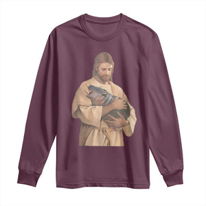 Jesus Loves Moo Deng Long Sleeve Shirt Bouncy Pig Cute Pygmy Hippo Meme TS02 Maroon Print Your Wear