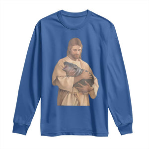 Jesus Loves Moo Deng Long Sleeve Shirt Bouncy Pig Cute Pygmy Hippo Meme TS02 Royal Blue Print Your Wear