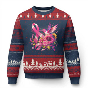 Breast Cancer Awareness Ugly Christmas Sweater Hummingbird Pink Ribbon Support TS02 Navy Red Print Your Wear