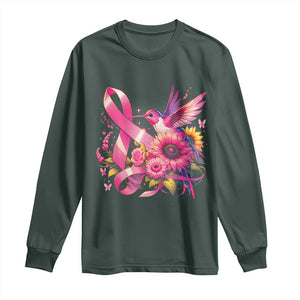 Breast Cancer Awareness Long Sleeve Shirt Hummingbird Pink Ribbon Support TS02 Dark Forest Green Print Your Wear