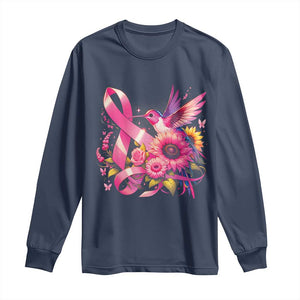 Breast Cancer Awareness Long Sleeve Shirt Hummingbird Pink Ribbon Support TS02 Navy Print Your Wear