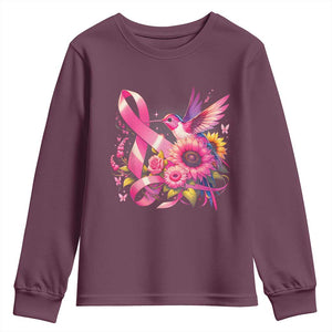 Breast Cancer Awareness Youth Sweatshirt Hummingbird Pink Ribbon Support TS02 Maroon Print Your Wear