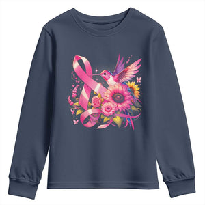 Breast Cancer Awareness Youth Sweatshirt Hummingbird Pink Ribbon Support TS02 Navy Print Your Wear